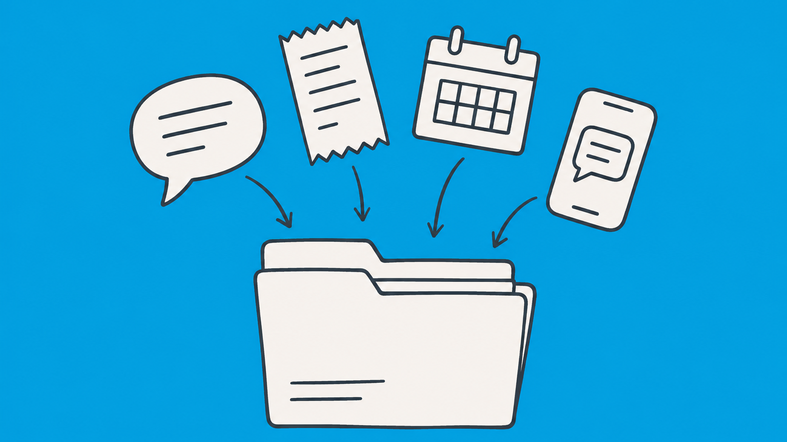 Flat illustration of a speech bubble and supporting records collected in a case folder to represent proving a verbal agreement in court.