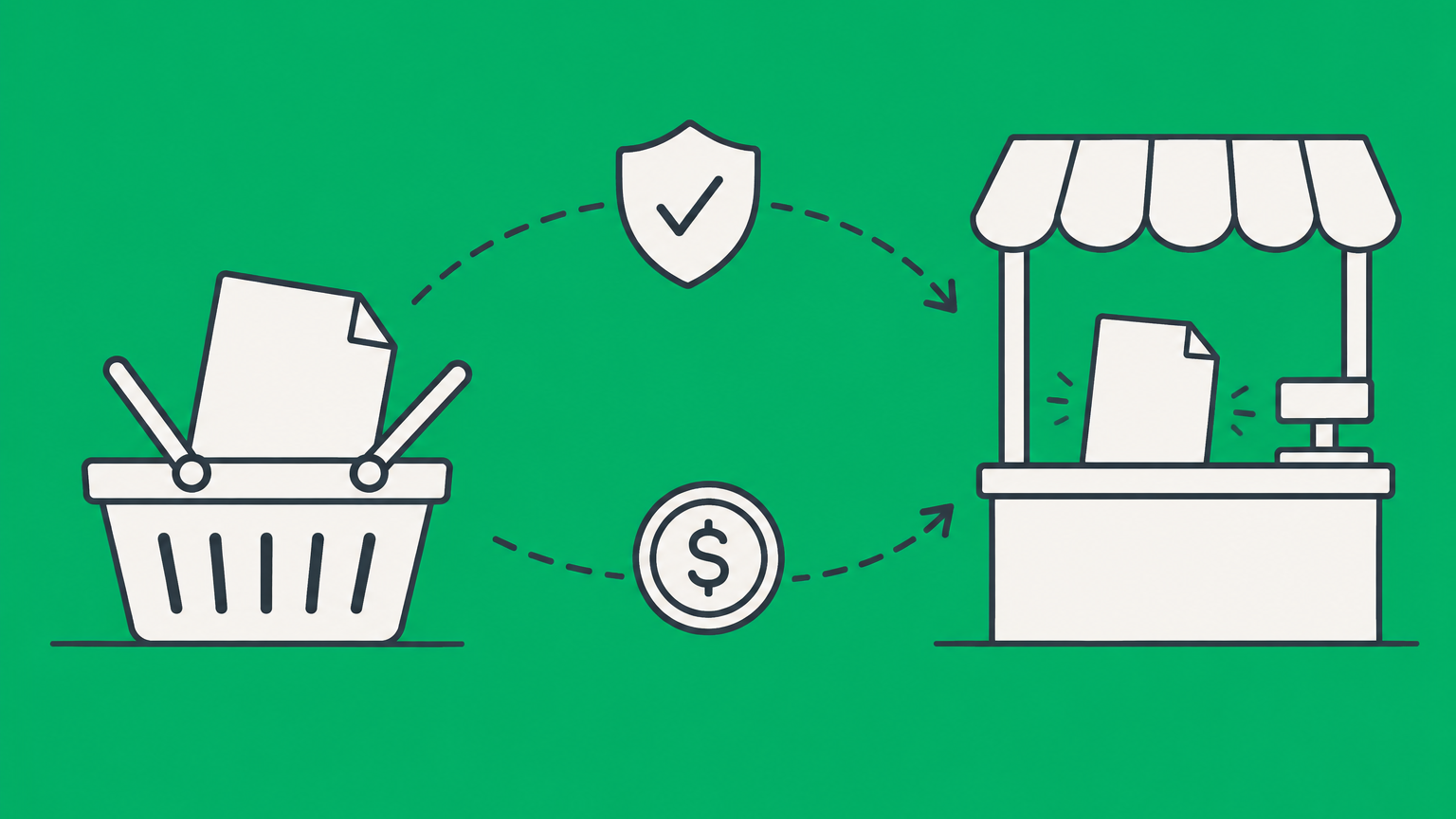 Flat illustration of a blank certificate passing from a shopping basket to a storefront to represent Arizona Form 5000 and TPT exemptions.