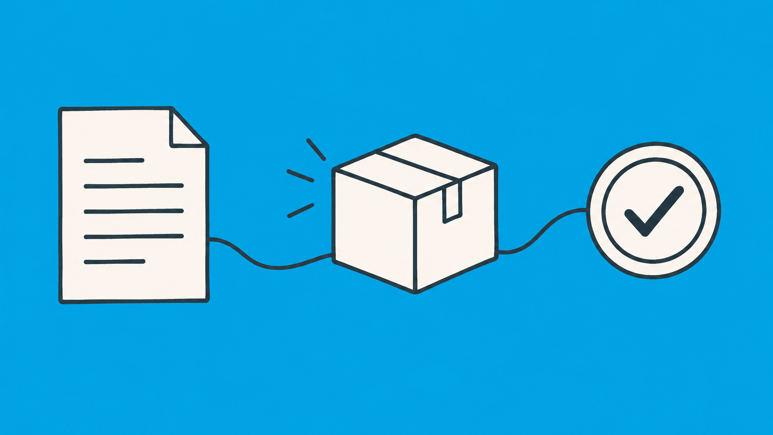 Flat illustration of an unsigned sheet, delivered package, and payment token connected by a path to represent acceptance by conduct.