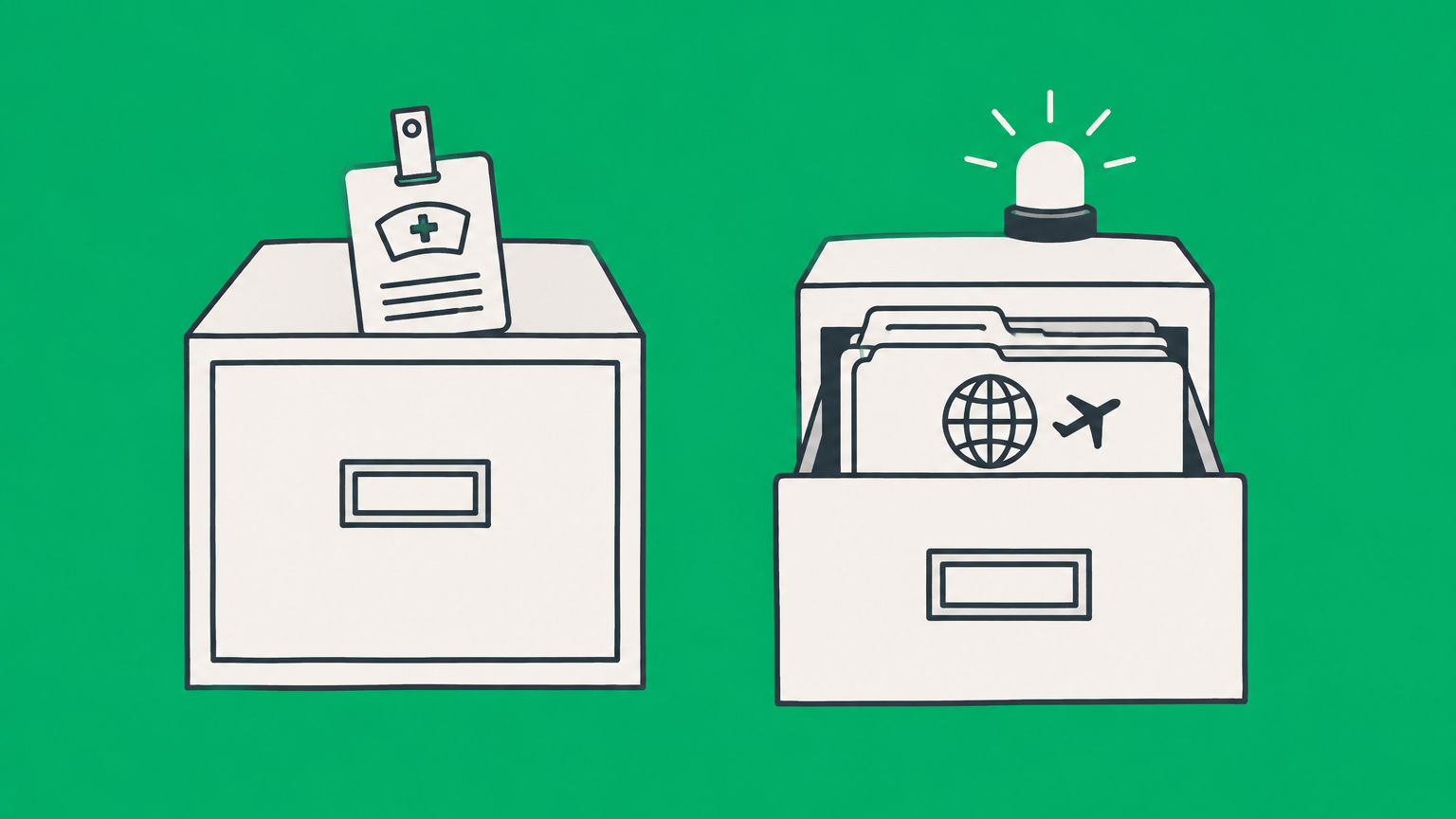 Flat illustration of an archived nurse badge beside an active work-visa folder representing the historical H1A visa and current H1B category.