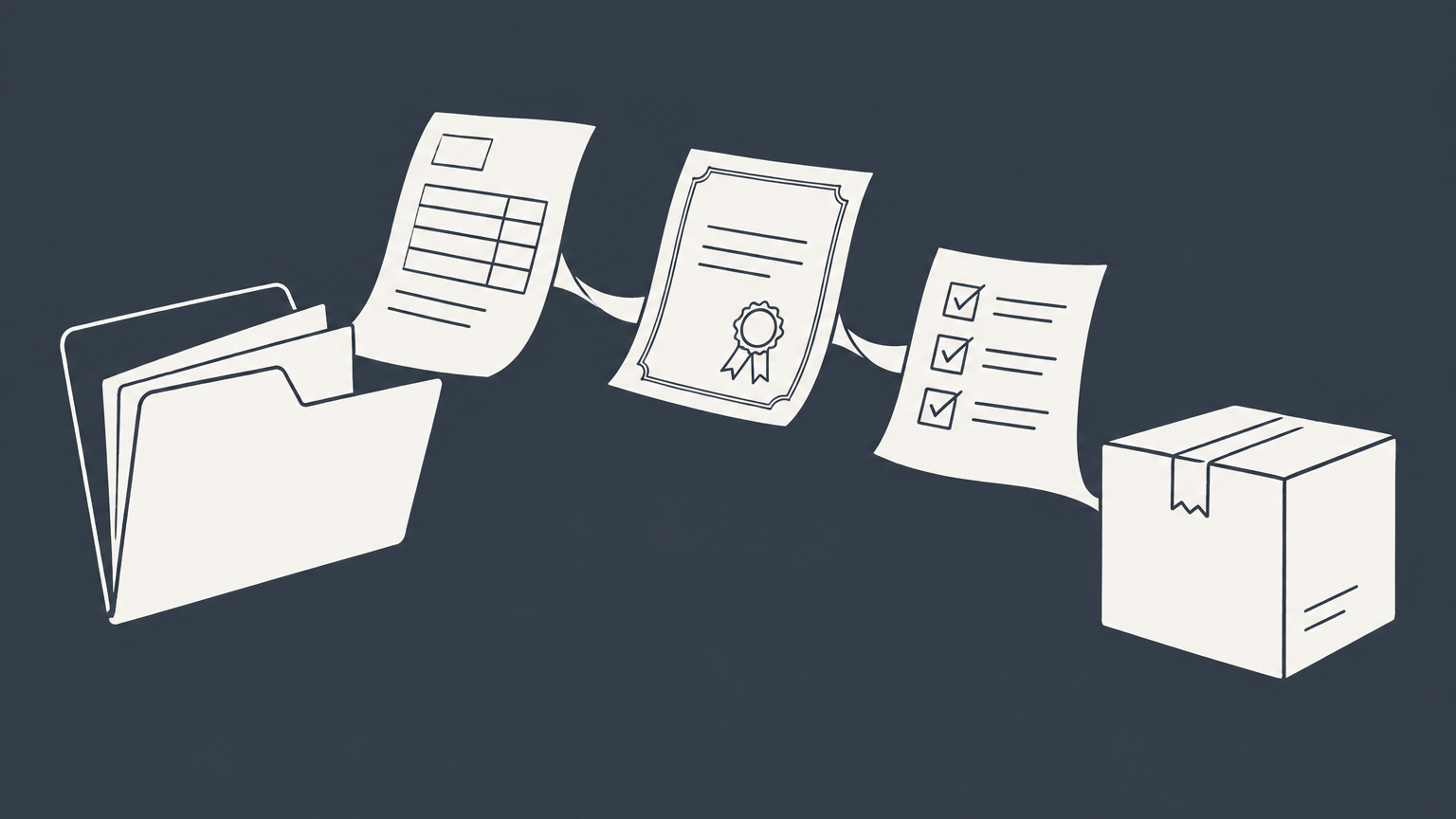 Flat illustration of an open folder, shipping box, invoice, certificate, and checklist representing commercial documents.