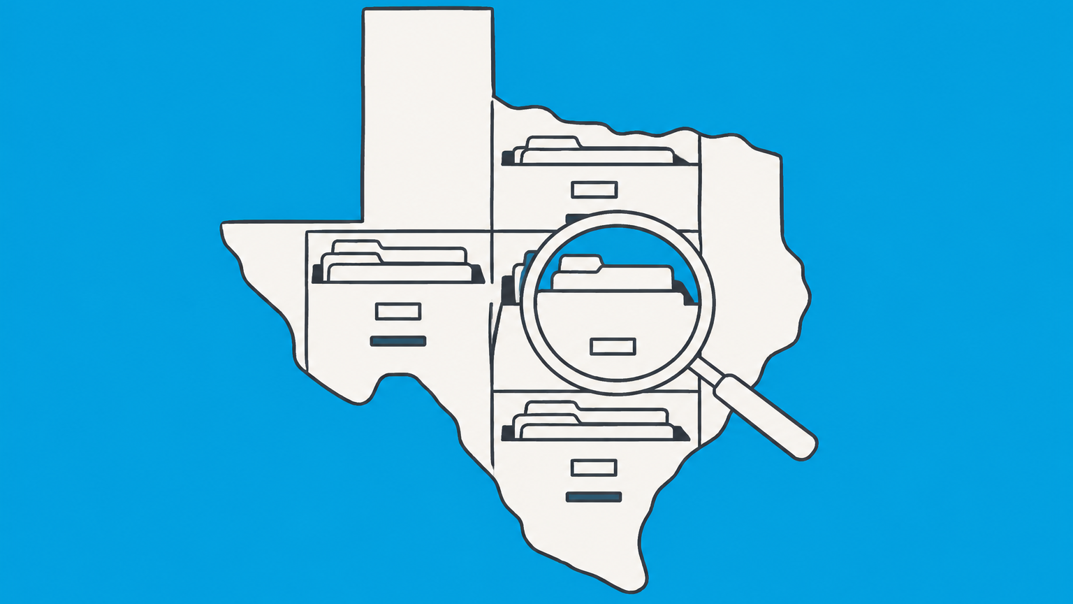 Flat illustration of a magnifying glass identifying a corporation folder in a Texas-shaped filing cabinet for a Texas corporation search.