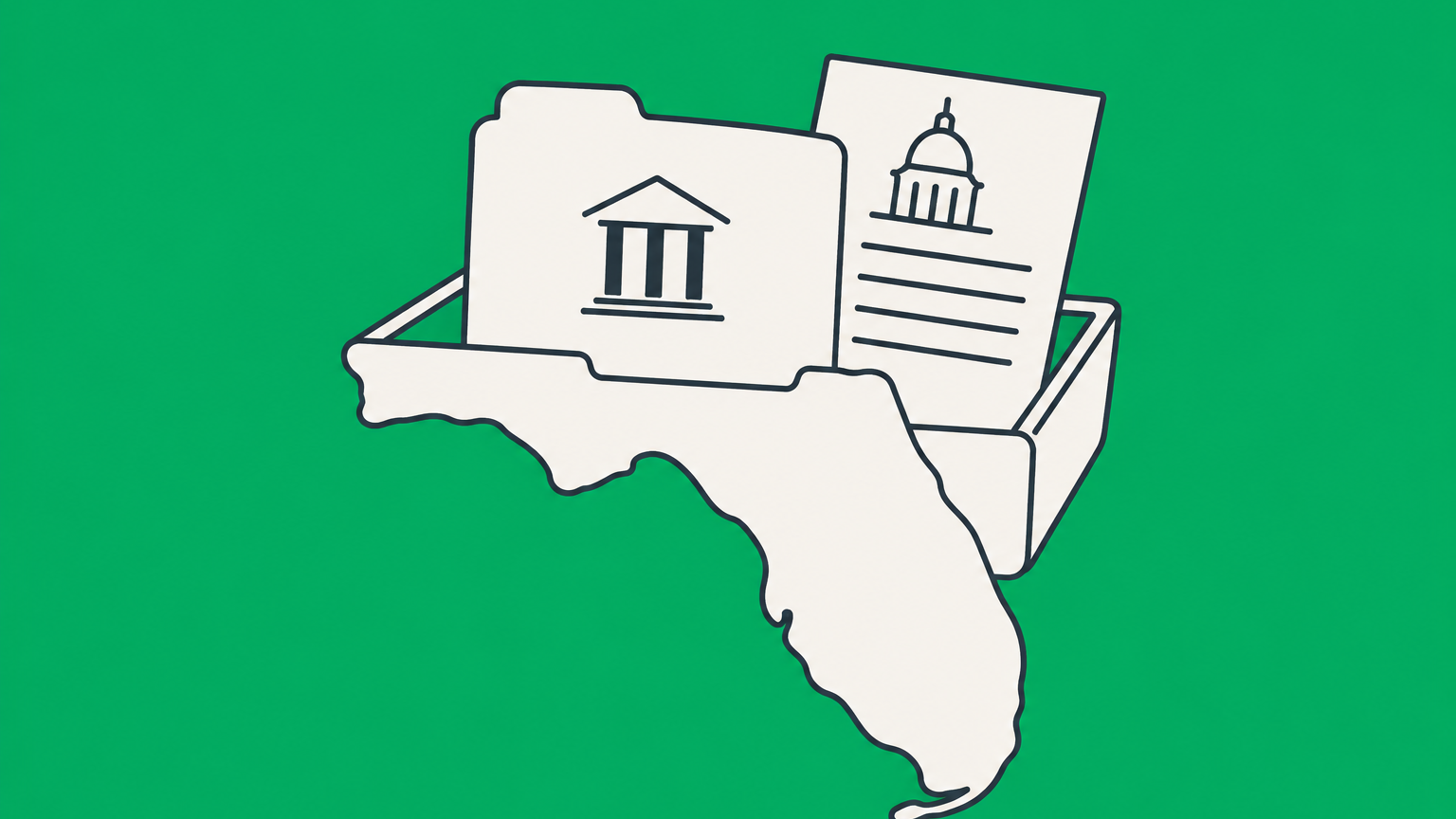 Flat illustration of a Florida-shaped filing tray with separate formation and federal election documents representing the Florida S corp filing process.
