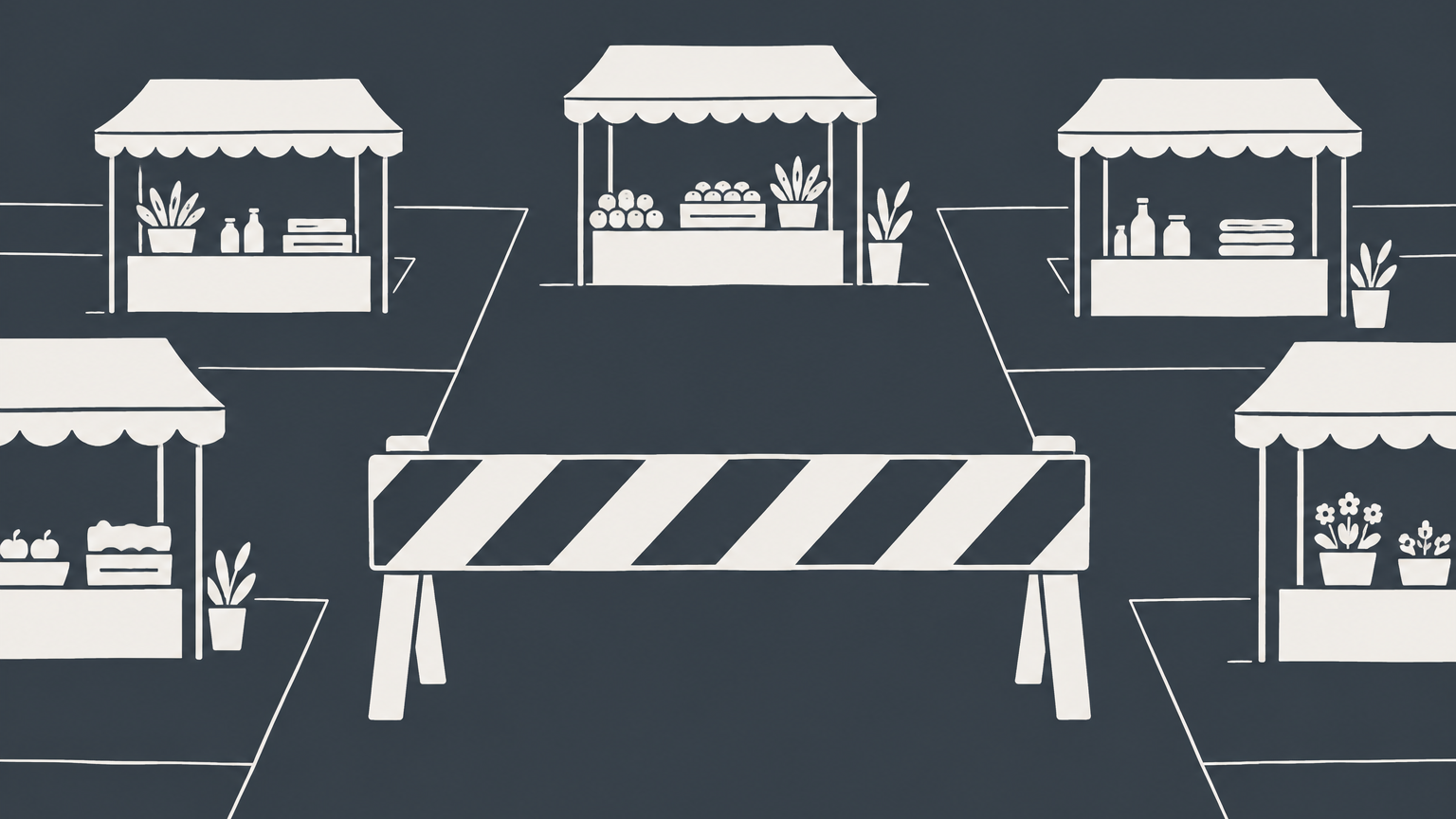 Flat illustration of an open marketplace partly blocked by an oversized barrier, representing antitrust laws and protection of competition.