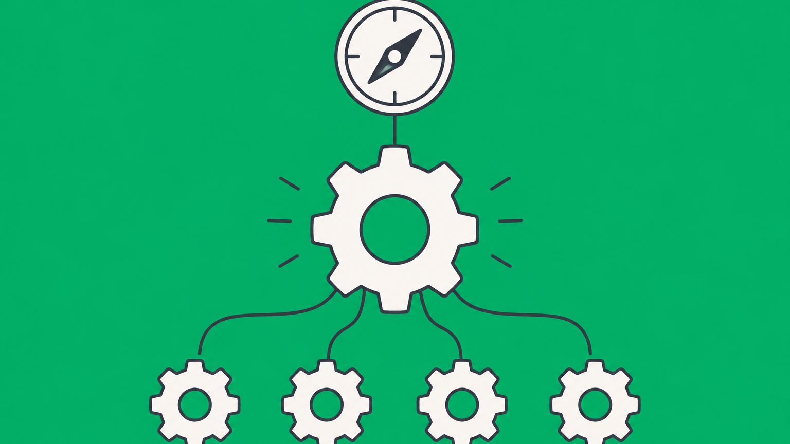 Flat illustration of a central gear linking a strategy compass to operating gears, representing the role of a company president.