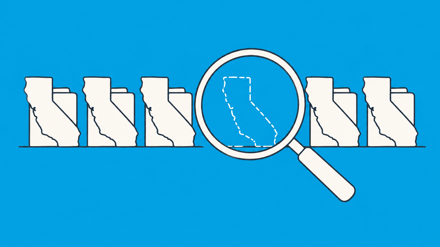 Flat illustration of a magnifying glass finding an open slot among California-shaped file tabs for California business name search availability.