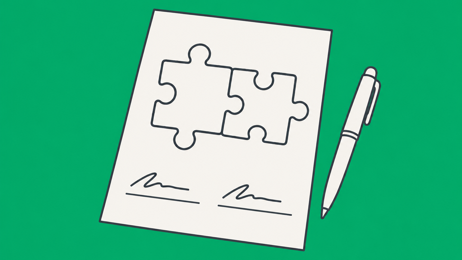 Flat illustration of two matching puzzle pieces, a document, and a pen representing how to write an agreement letter between two parties.