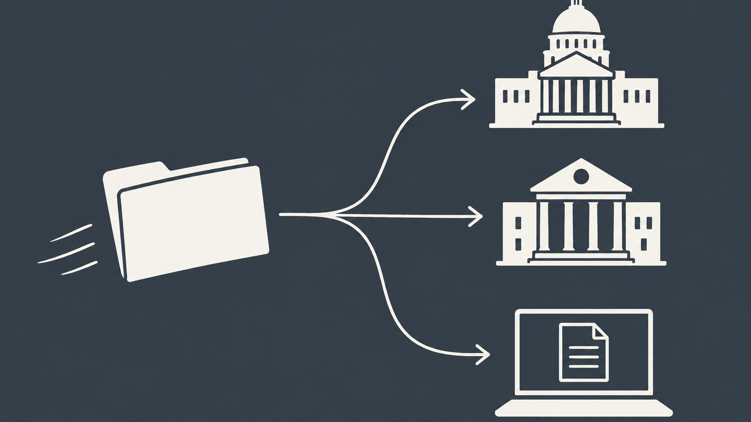 Flat illustration of a business folder moving toward state, county, and online filing destinations for DBA filing.