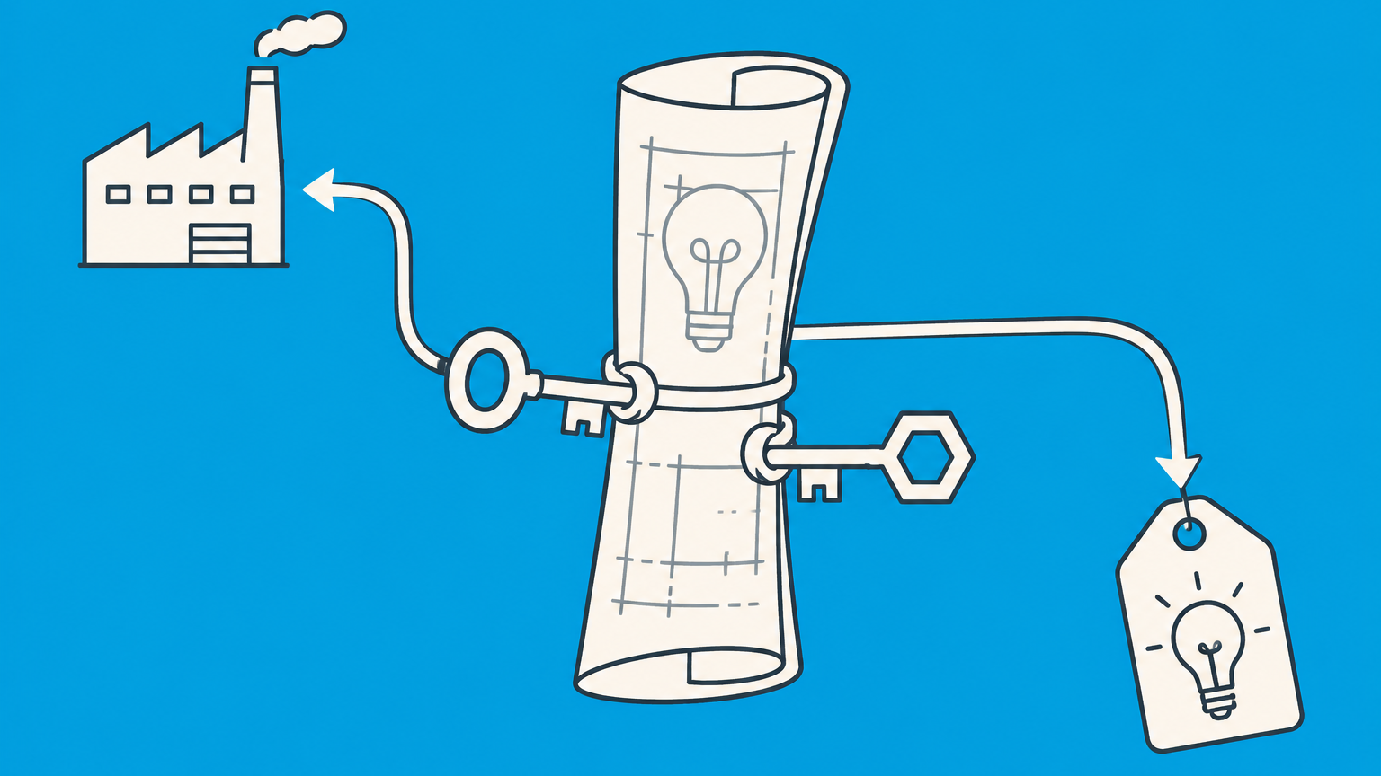 Flat illustration of two keys controlling one invention blueprint with branching commercialization paths, representing patent co-ownership.
