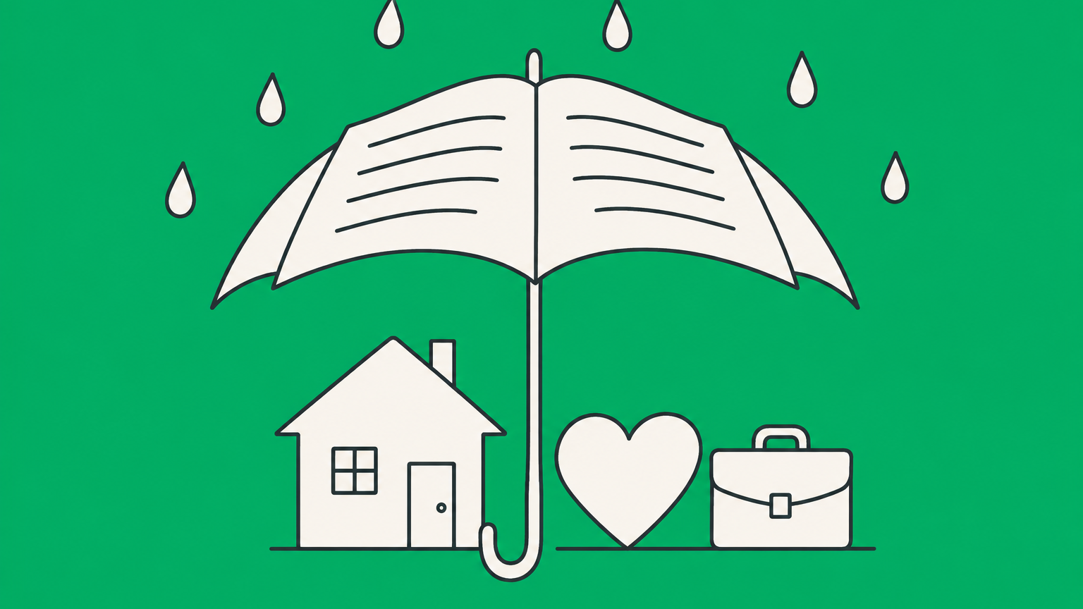 Flat illustration of an insurance policy forming an umbrella over insured assets to represent an insuring clause and its coverage promise.