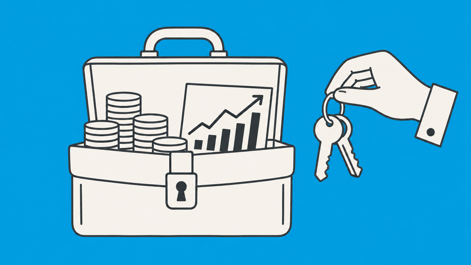 Flat illustration of a locked business briefcase holding coins and a stock chart card to represent an LLC investing in stocks.