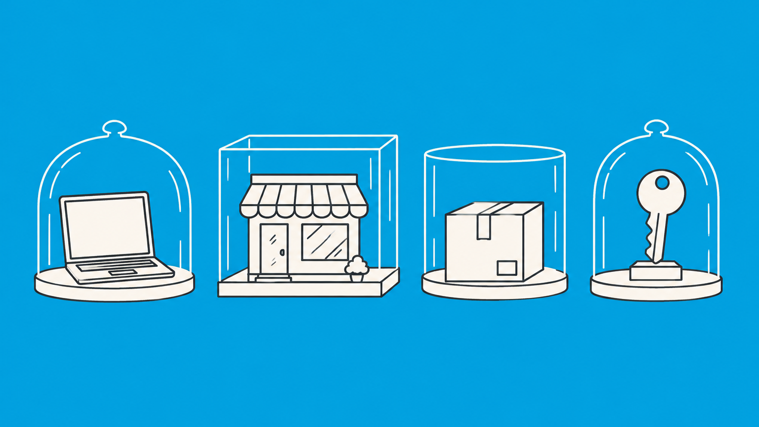 Flat illustration of varied small-business objects in separate protective containers representing LLC examples and structures.