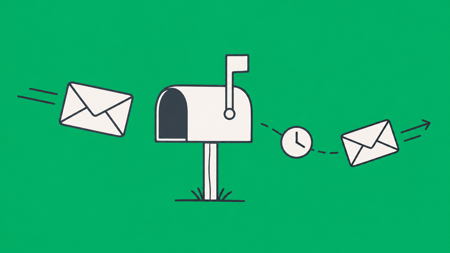 Flat illustration of two crossing envelopes, a mailbox, and a clock representing the mailbox rule in contract law.