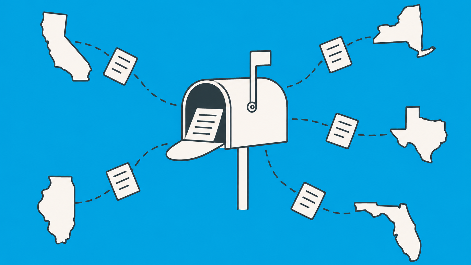Flat illustration of a central mailbox linked to multiple state-shaped tiles and secure records storage for launching a registered agent business.