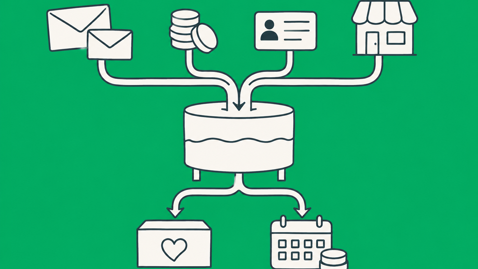 Flat illustration of several funding sources flowing into a shared reservoir for nonprofit revenue, programs, and employee pay.