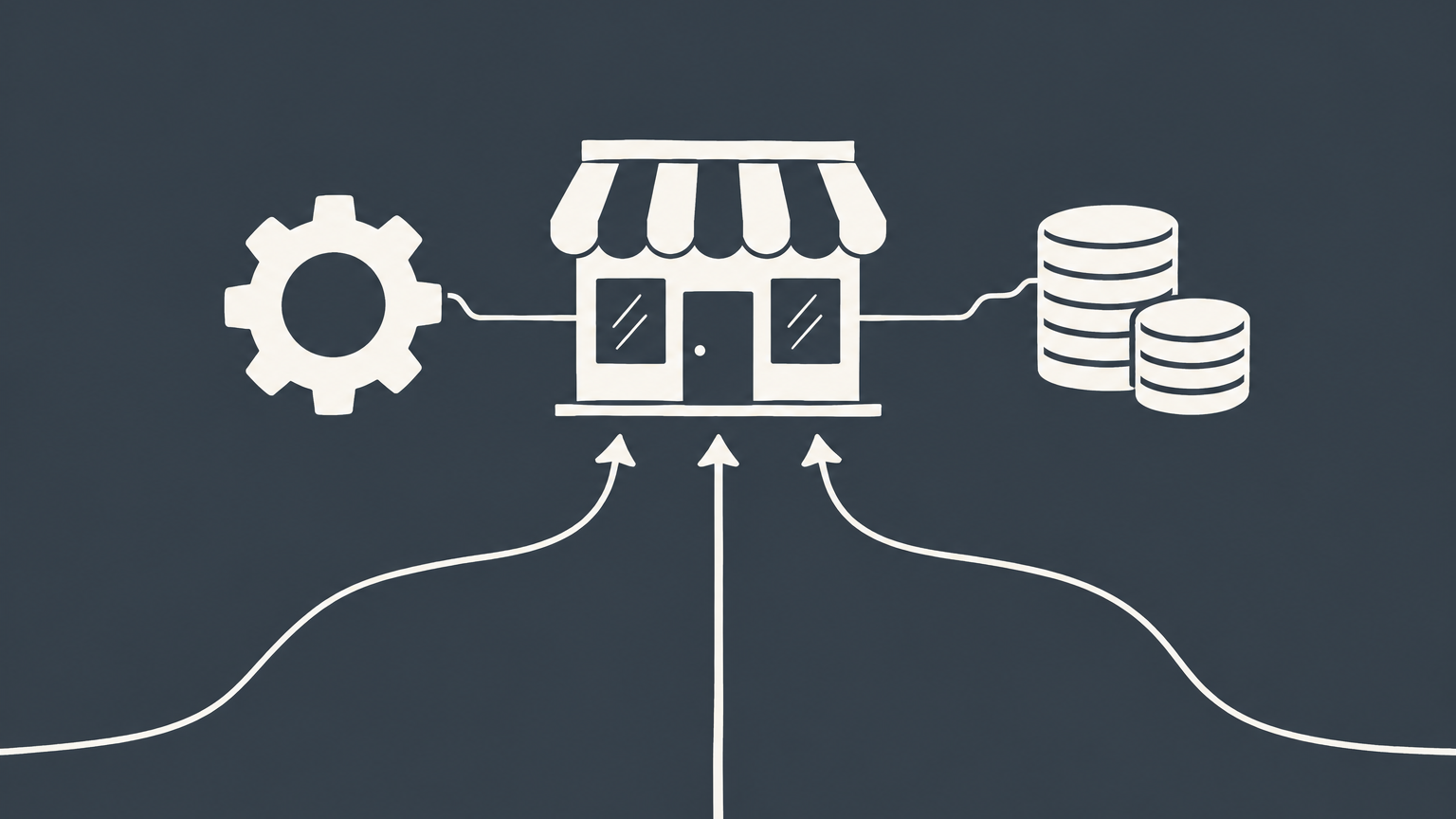 Flat illustration of a storefront connected to a gear and a stack of coins to represent a business partner vs investor.