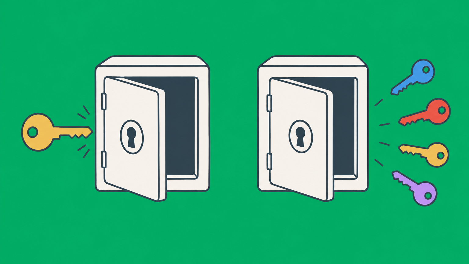 Flat illustration of one key opening a single-owner lockbox and several keys opening a shared lockbox to represent single-member LLC vs. multi-member LLC ownership.
