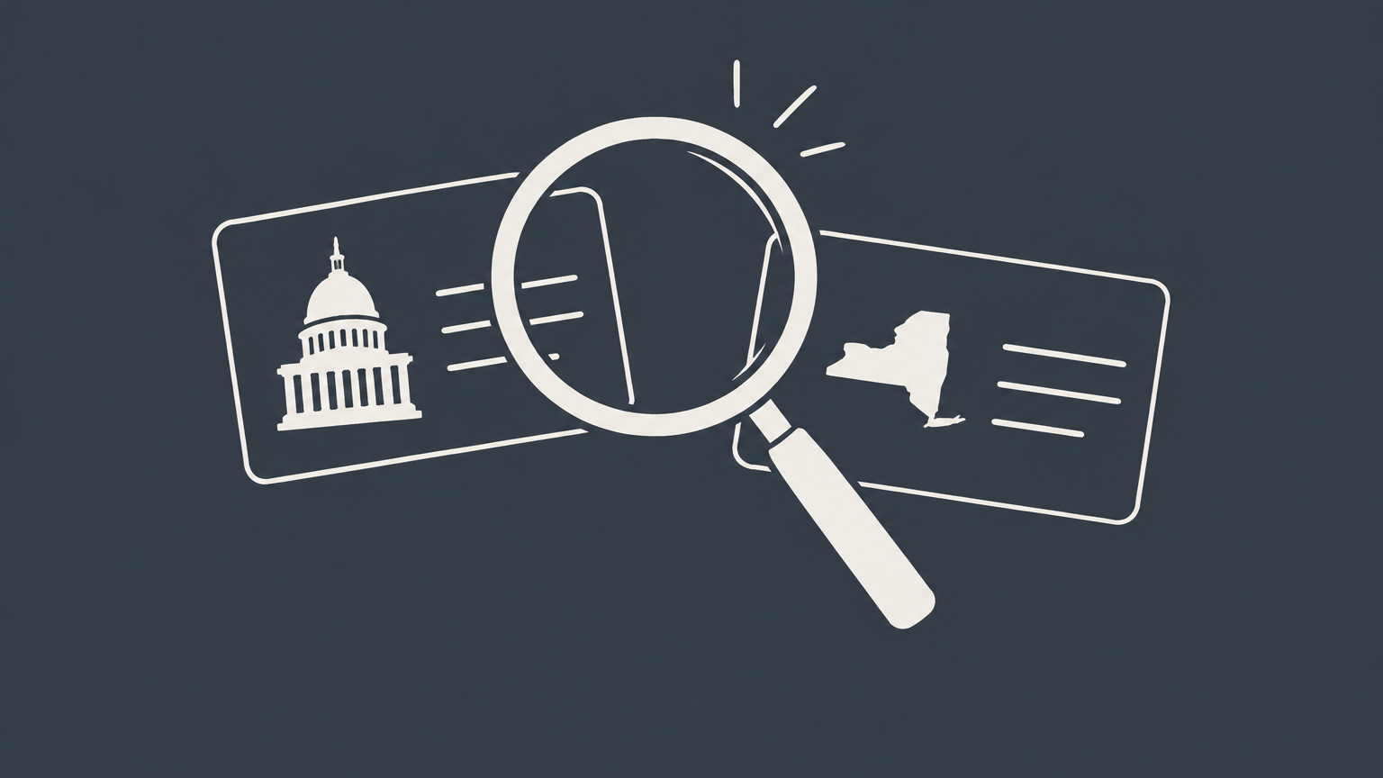Flat illustration of a magnifying glass comparing federal and New York identification cards for an EIN number lookup in New York.