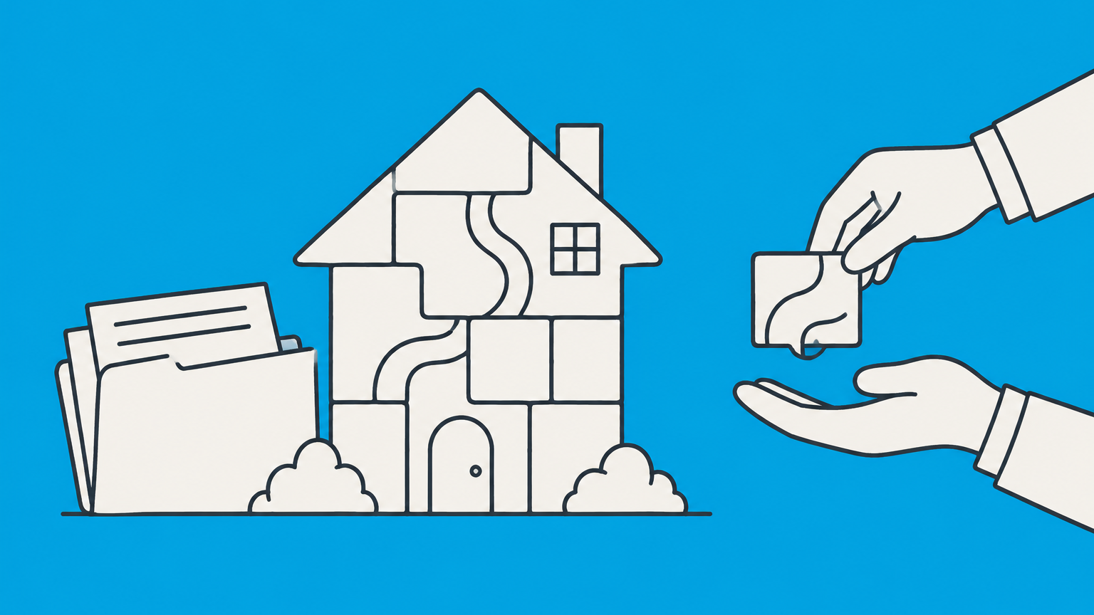 Flat illustration of a tiled house with one pathway tile changing hands to represent transfer of rights in property.