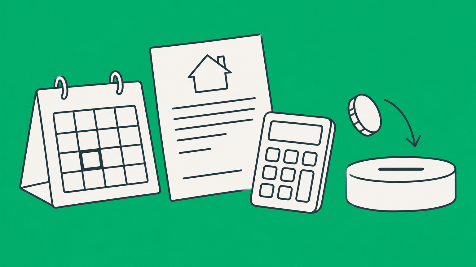 Flat illustration of a calendar, commercial lease, calculator, and capped coin tray representing a typical late fee for rent.