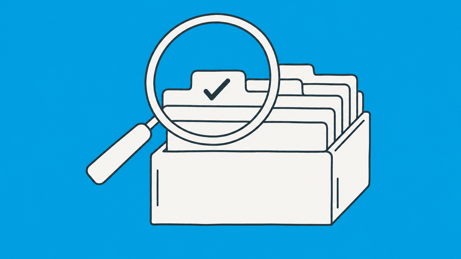 Flat illustration of a magnifying glass, business filing cards, and an open checked slot representing an Illinois LLC name availability lookup.
