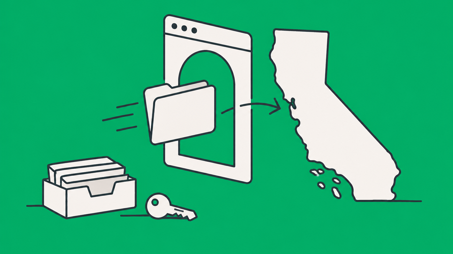 Flat illustration of a folder entering a California-shaped digital filing gateway for the Bizfile Online SOS CA Gov portal.