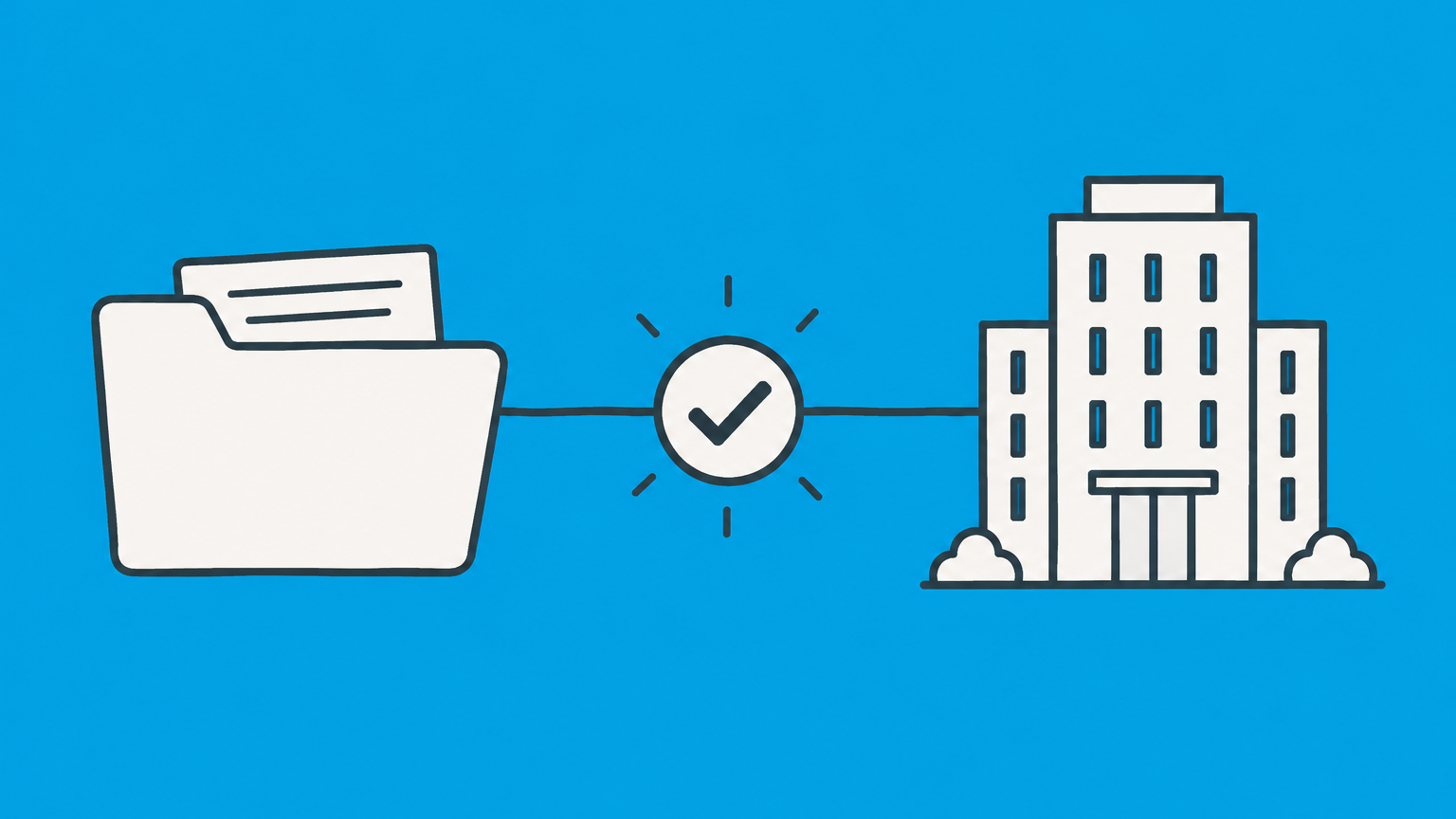 Flat illustration of a state filing folder, confirmation badge, and standing business building representing a certificate of existence.