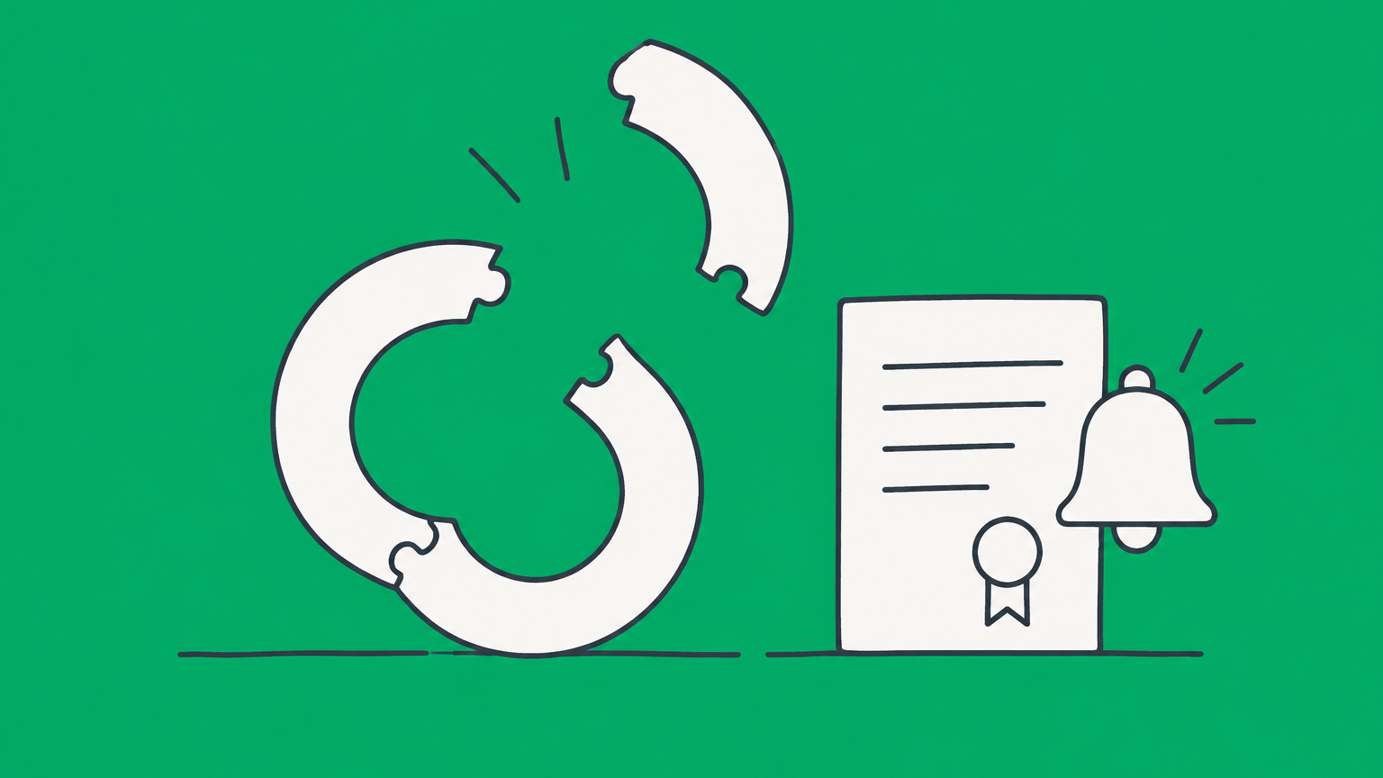 Flat illustration of one partnership piece separating from a reconnected ring beside a sealed document and notification bell, representing retirement of a partner.