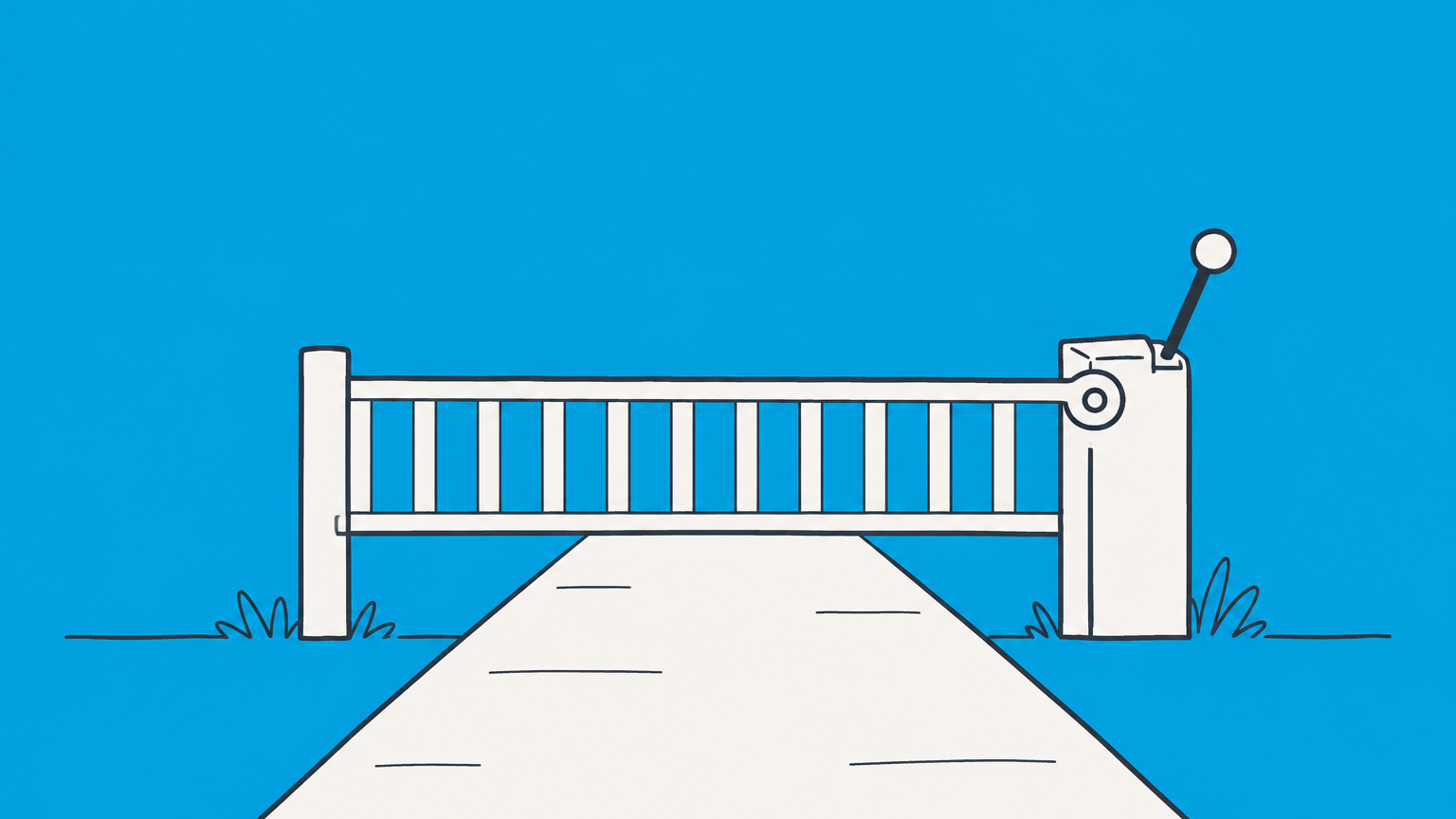 Flat illustration of a gate controlled by one lever on one side, representing unilateral meaning in everyday and legal contexts.
