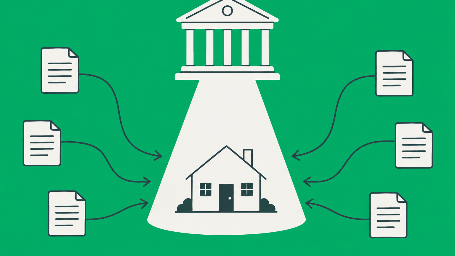 Flat illustration of a courthouse spotlight focused on property to represent an action in rem.