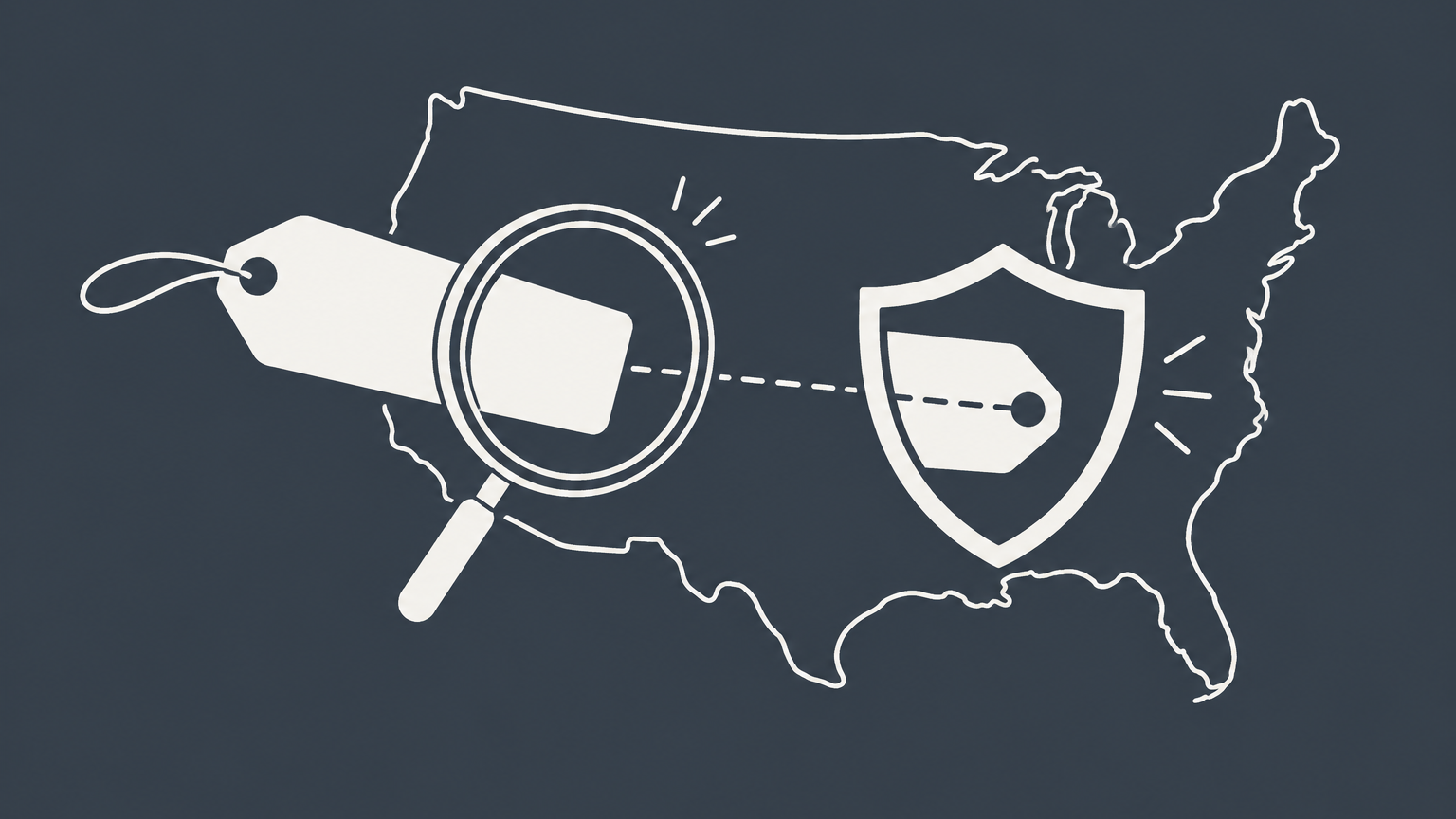 Flat illustration of a brand tag moving through a search lens into a shield over a United States map, representing US trademark registration.