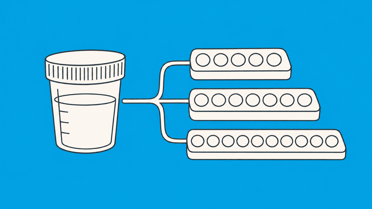 Flat illustration of a sealed specimen cup and branching laboratory test panels representing what pre-employment drug tests look for.