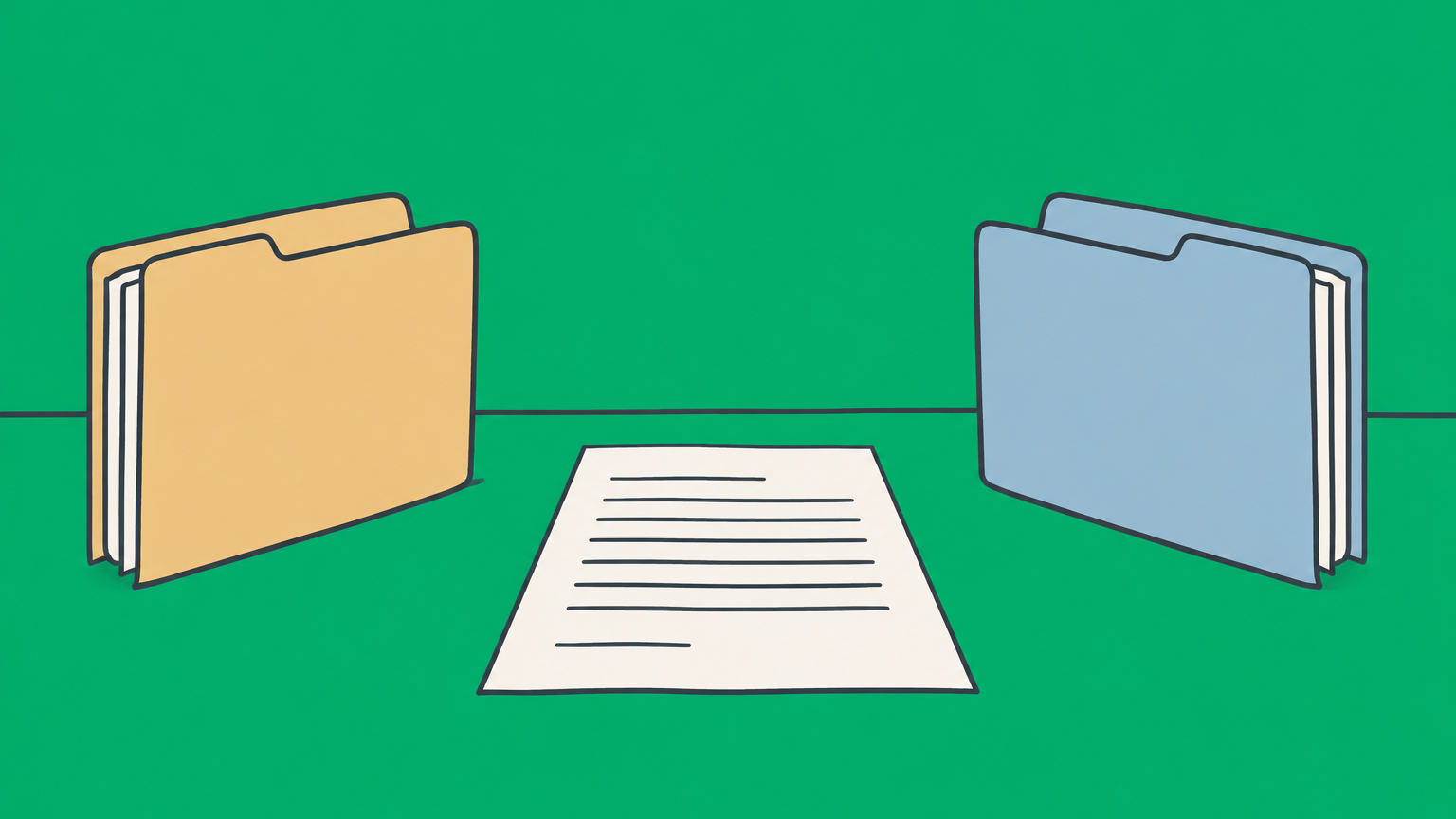 Flat illustration of two case folders facing each other across a table to represent the opposing party meaning in law.