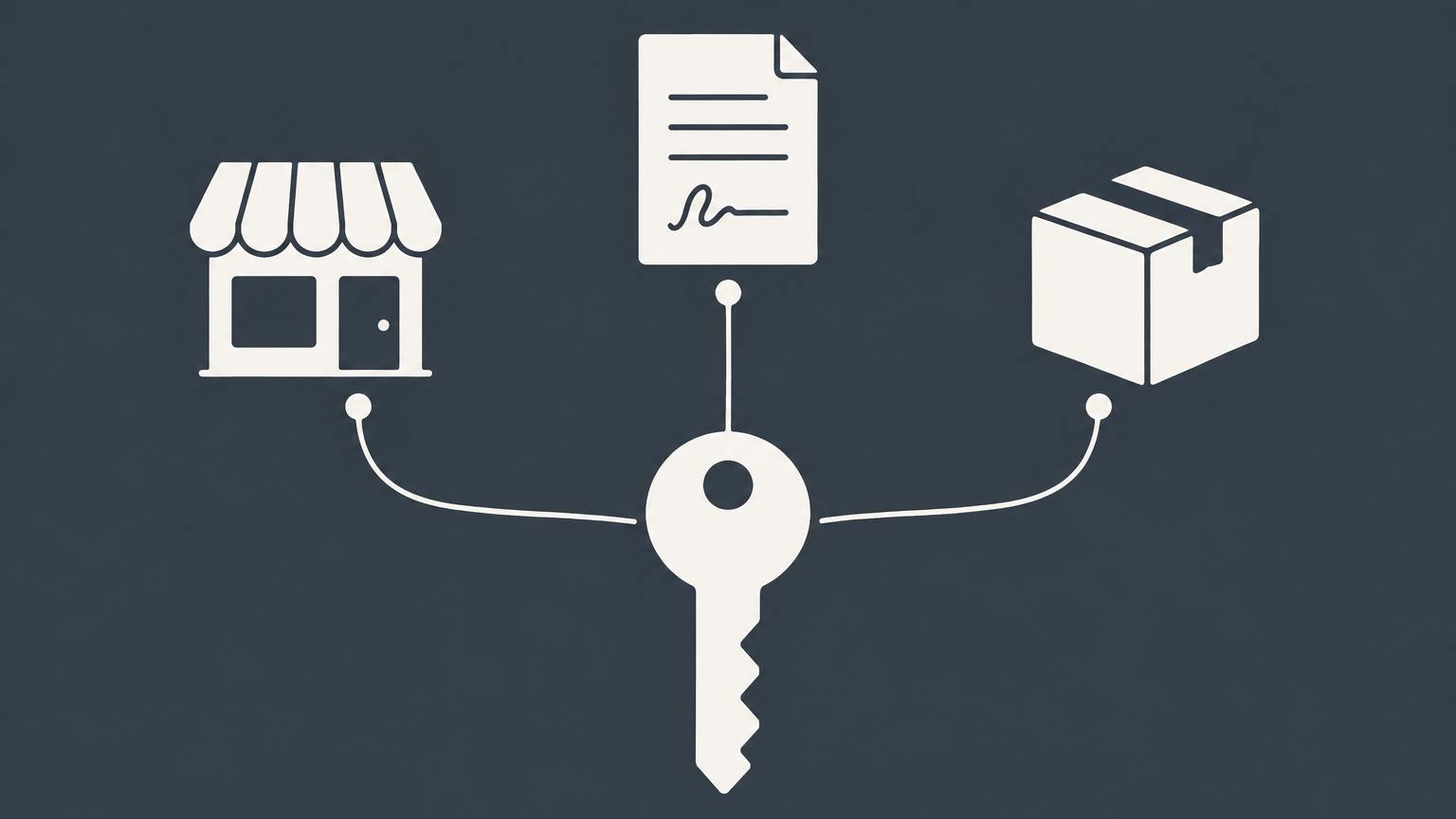 Flat illustration of a central key connecting a principal to business actions performed by an agent, representing agency law.