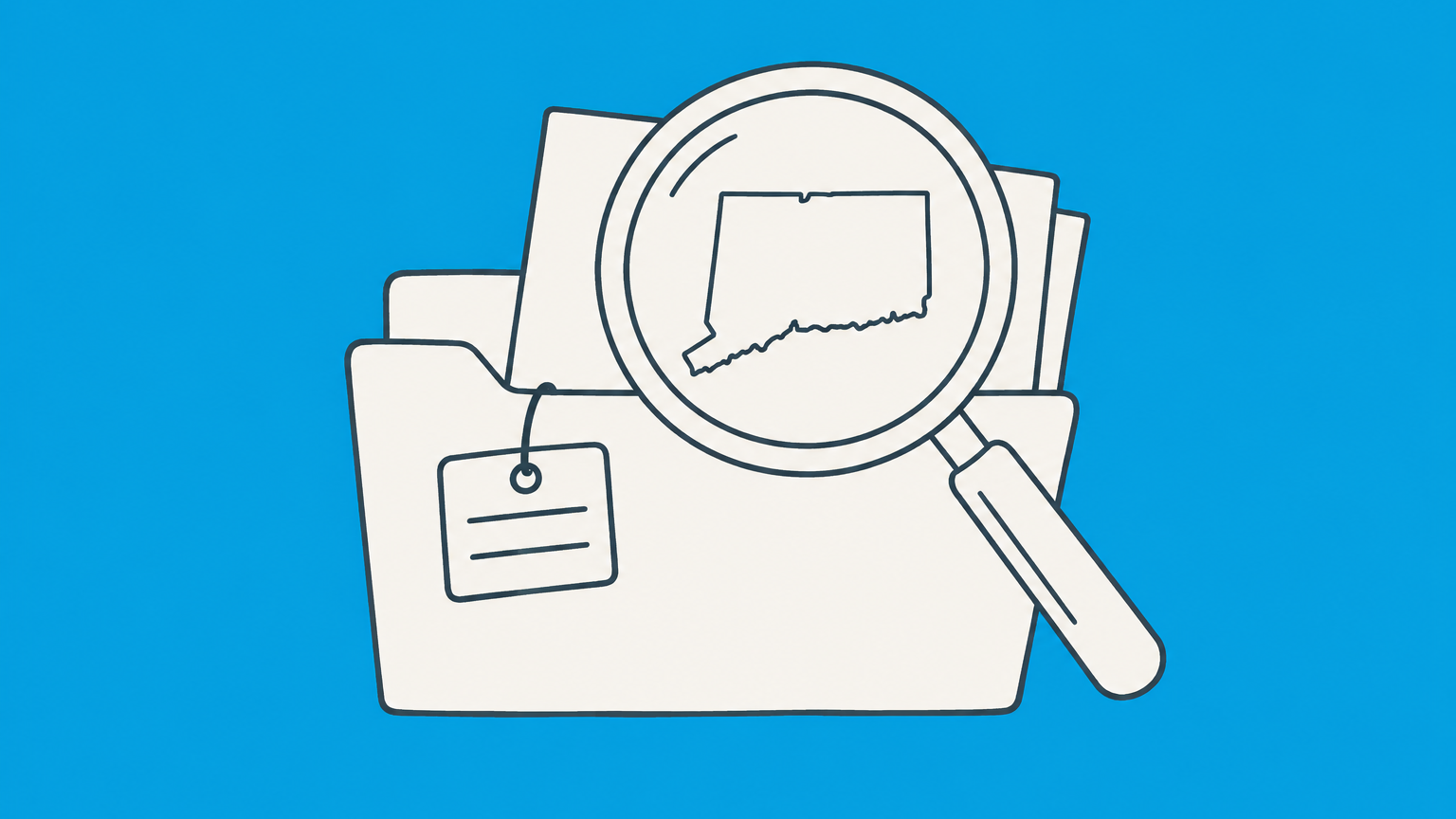 Flat illustration of a magnifying glass examining a Connecticut-shaped business record for a CT LLC lookup.