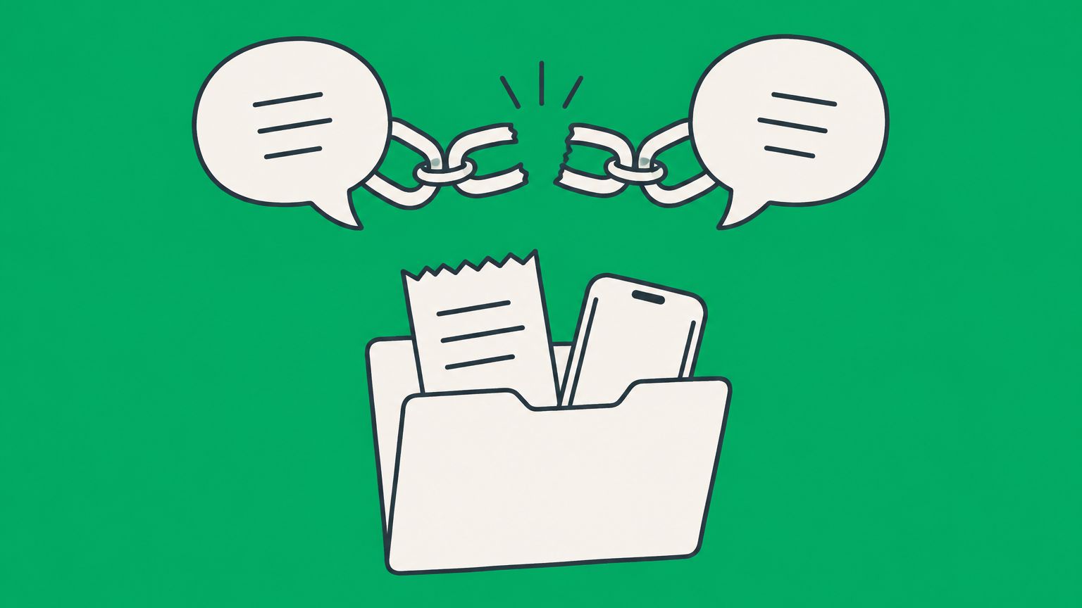 Flat illustration of two speech bubbles connected by a broken chain above saved evidence for suing over a broken verbal agreement.