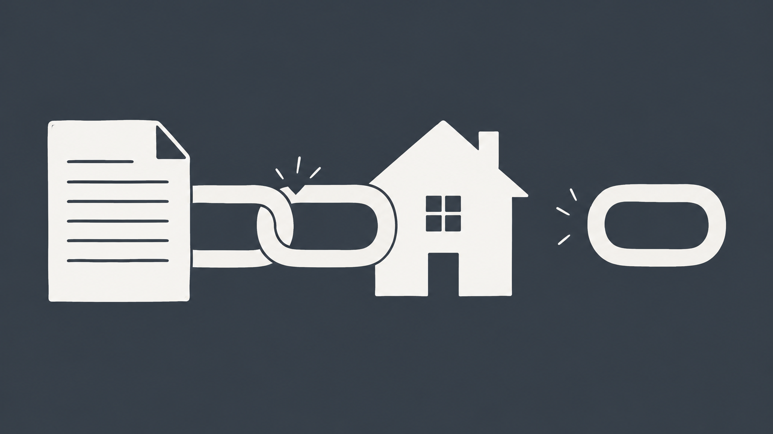 Flat illustration of linked and separated chain pieces connecting a document and house to represent privity meaning in contract and property law.