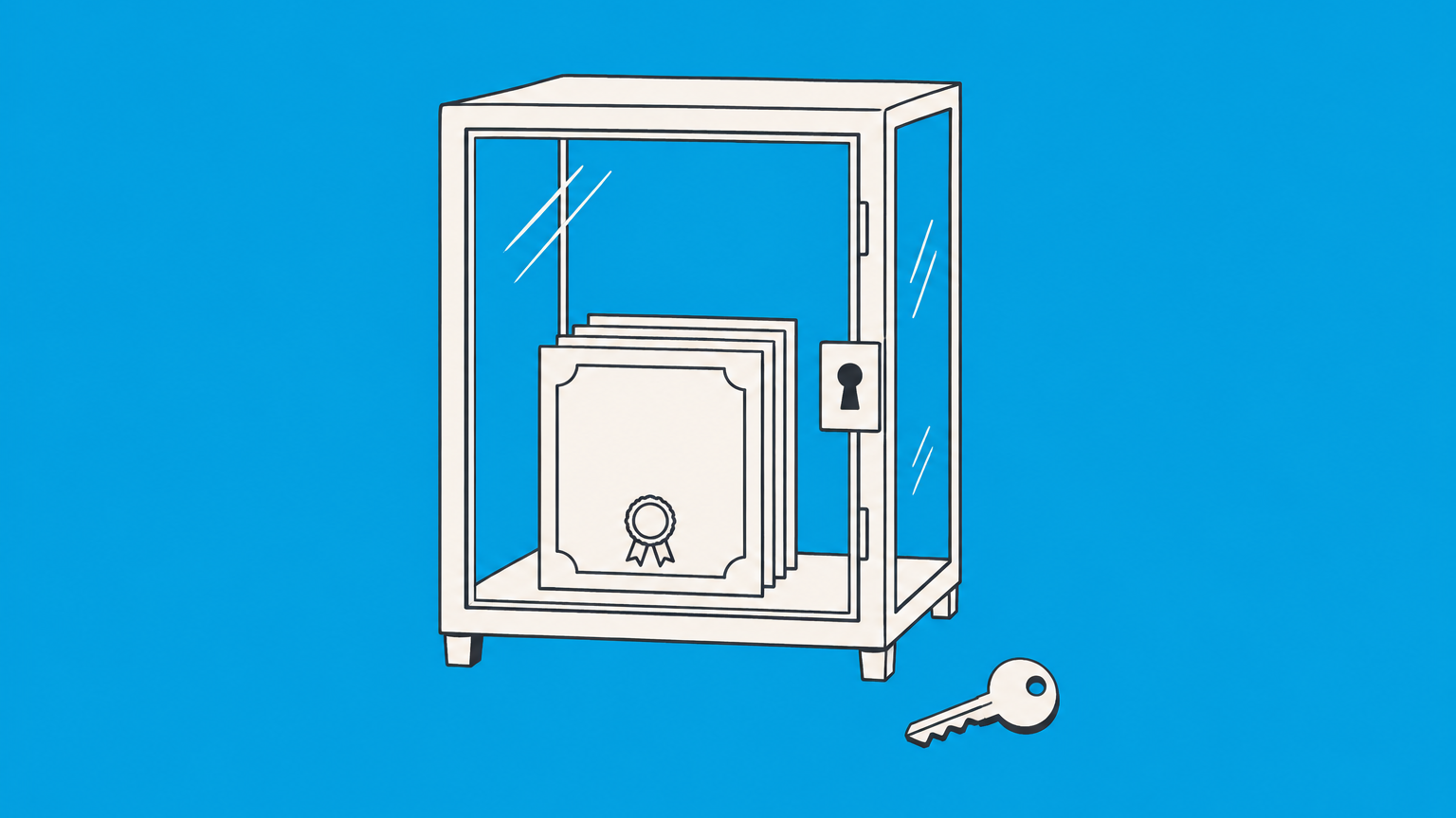 Flat illustration of blank share certificates in a locked glass cabinet representing private company stock.