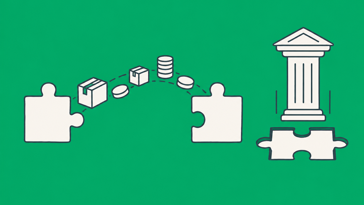 Flat illustration of exchanged packages joining puzzle pieces while a courthouse column fills another gap, representing implied in fact and implied in law contracts.