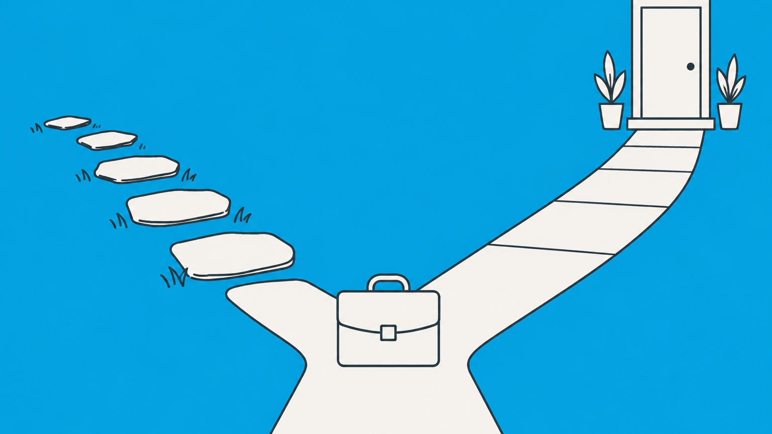 Flat illustration of a briefcase choosing between removable stepping stones and a continuous path to represent contract employment versus permanent employment.