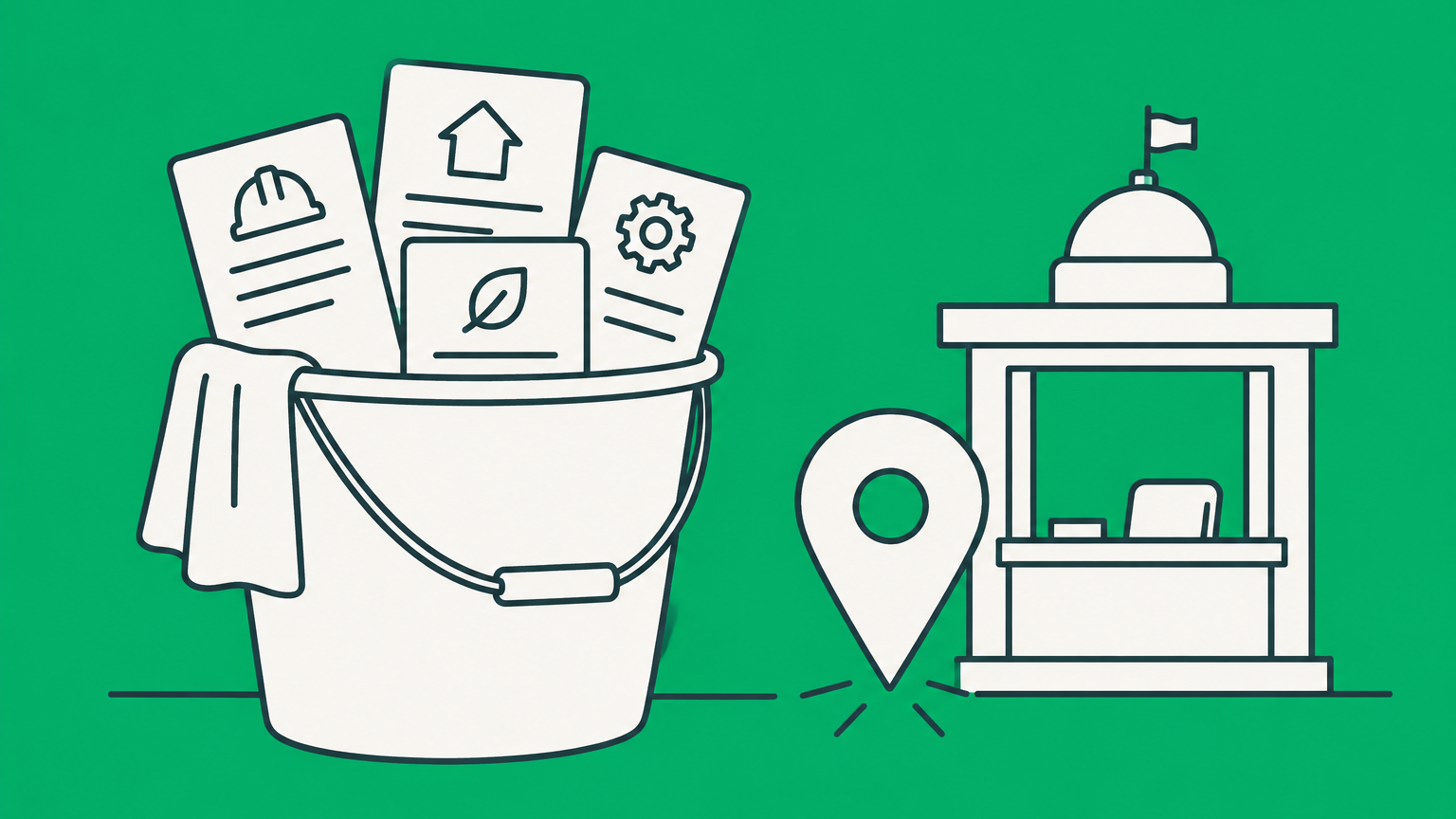 Flat illustration of a cleaning bucket with permit cards, a map pin, and a government office window representing licenses needed to start a cleaning business.