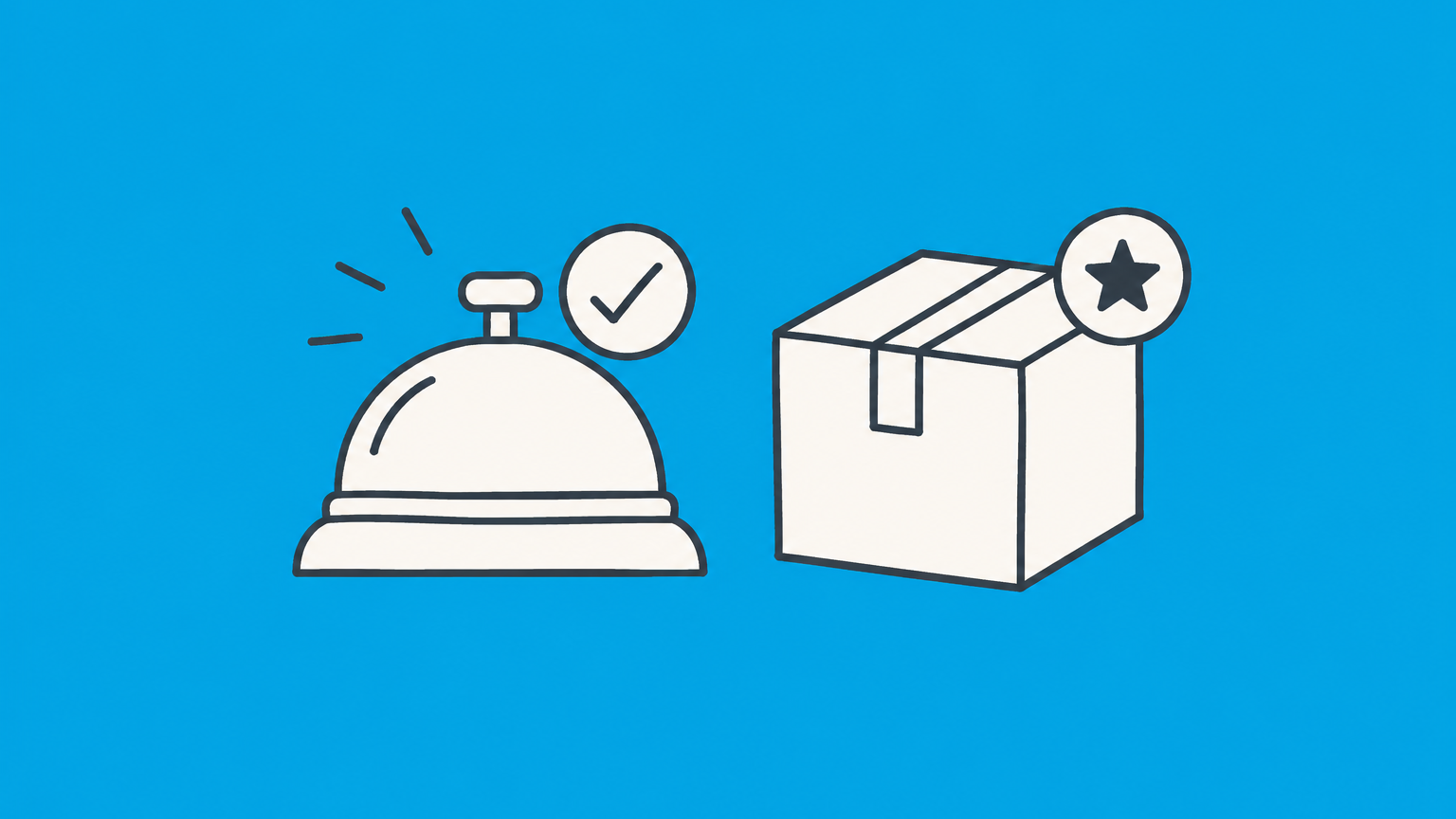 Flat illustration of a service bell and packaged box with raised corner badges representing SM and trademark symbol usage.