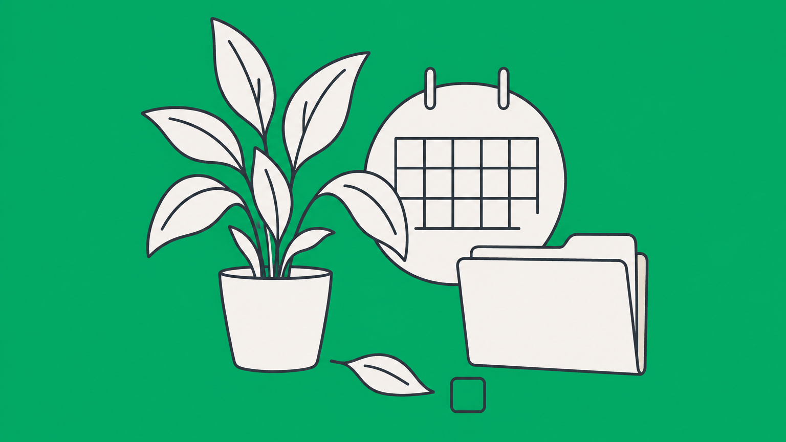 Flat illustration of an evergreen plant, circular calendar, and filing folder representing how long an LLC lasts and the maintenance needed to keep it active.