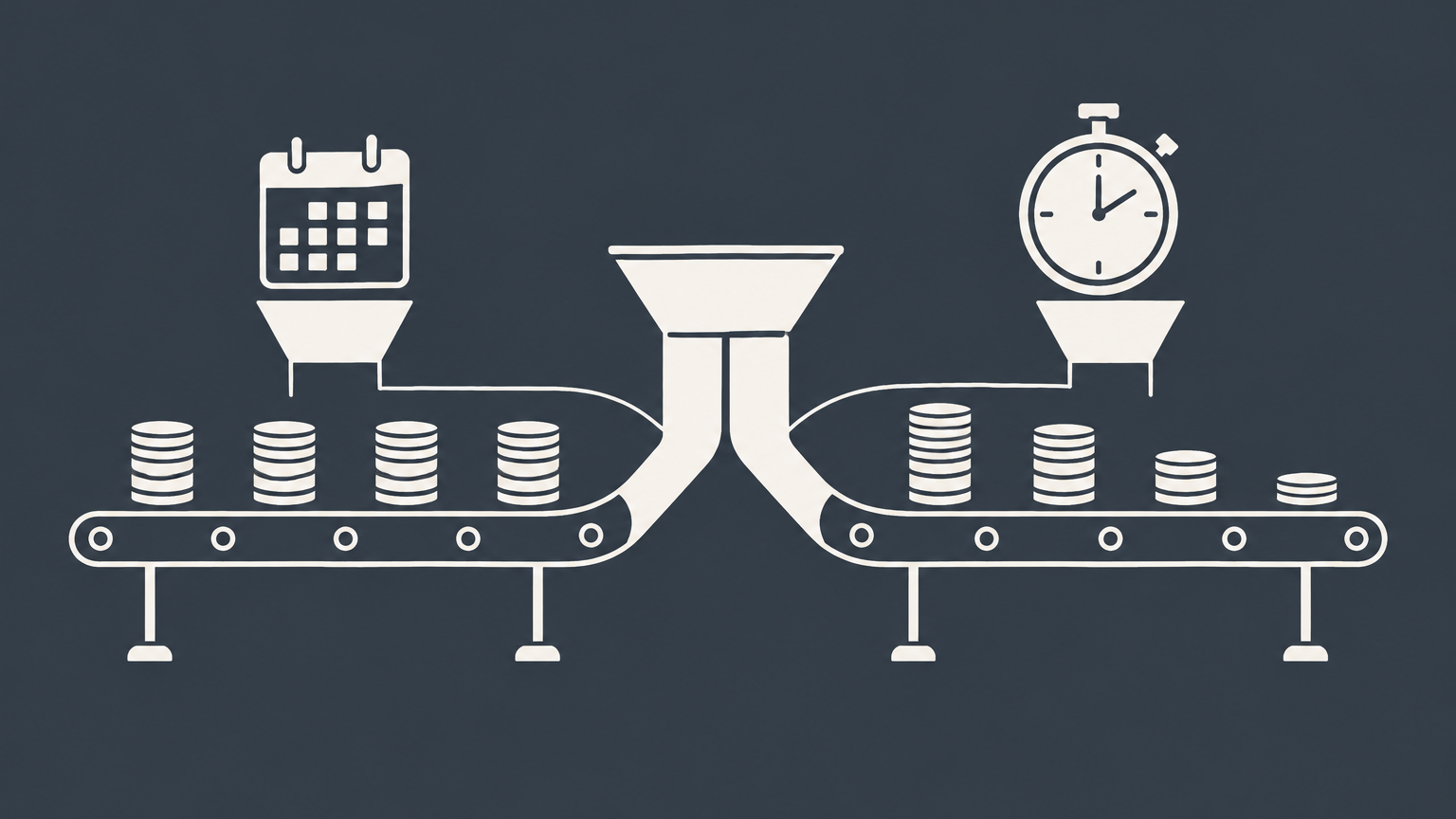 Flat illustration of a calendar and stopwatch dispensing coin stacks to represent salary vs hourly pay.
