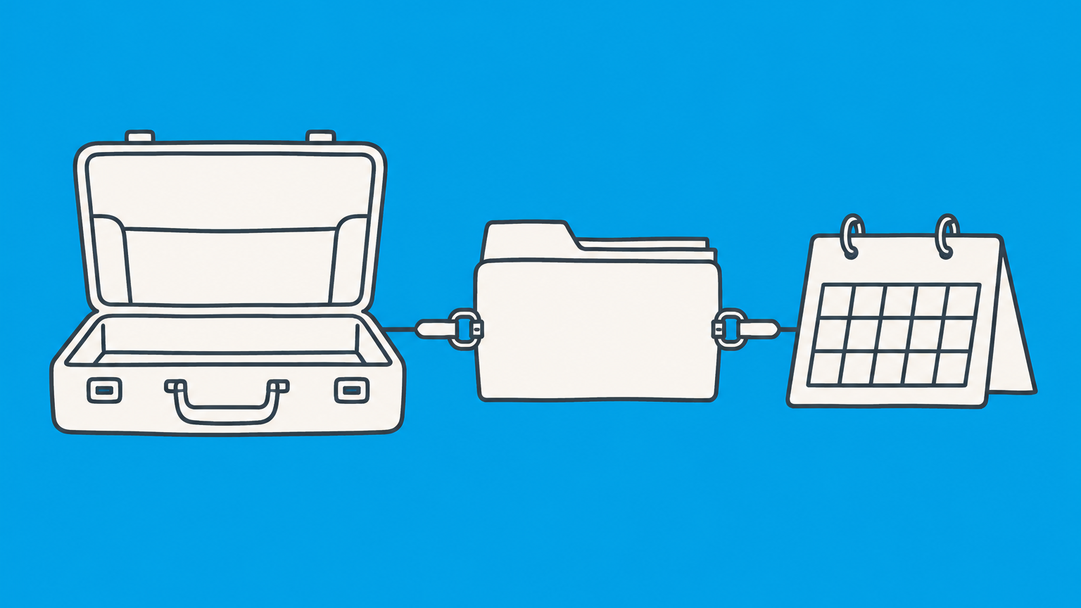 Flat illustration of an open briefcase linked to a case folder and calendar to represent the meaning of retaining counsel.