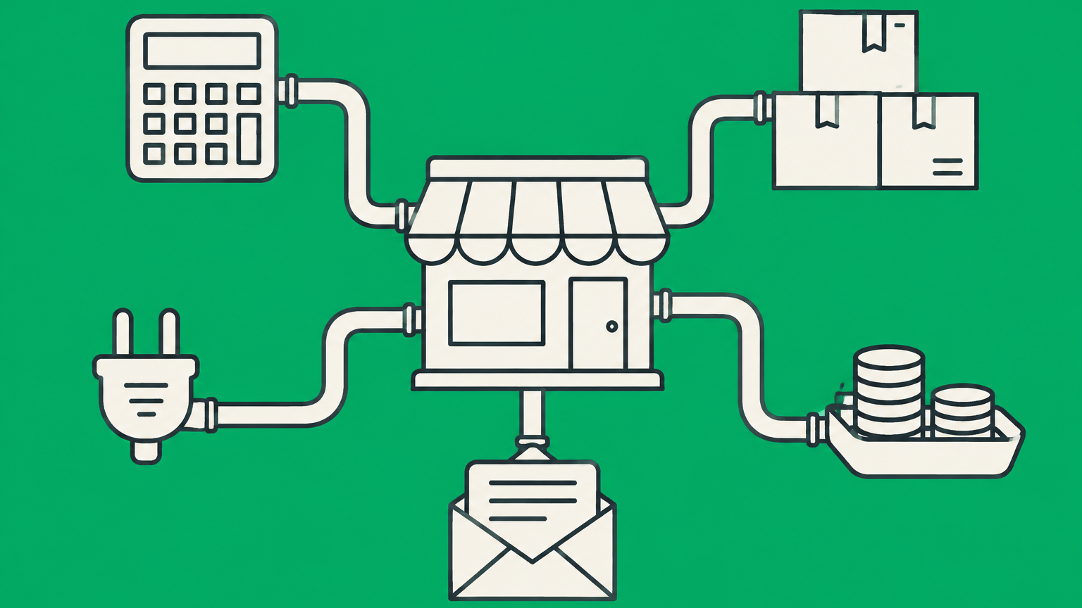 Flat illustration of a storefront connected to expense categories and a calculator representing the cost of doing business.