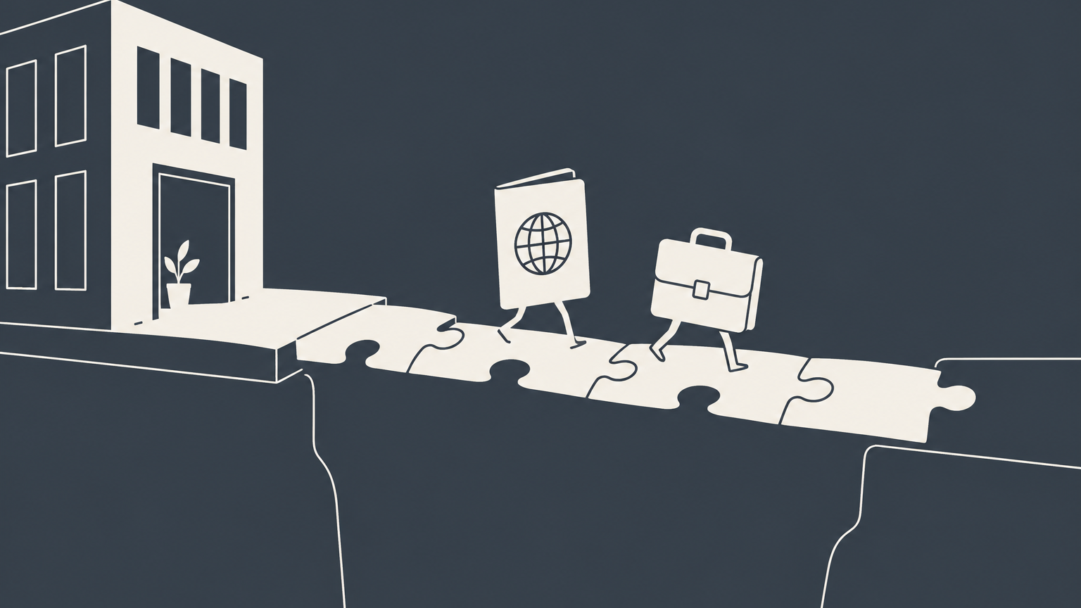 Flat illustration of a passport and briefcase crossing a puzzle-piece bridge from an office building to represent H1B sponsorship.