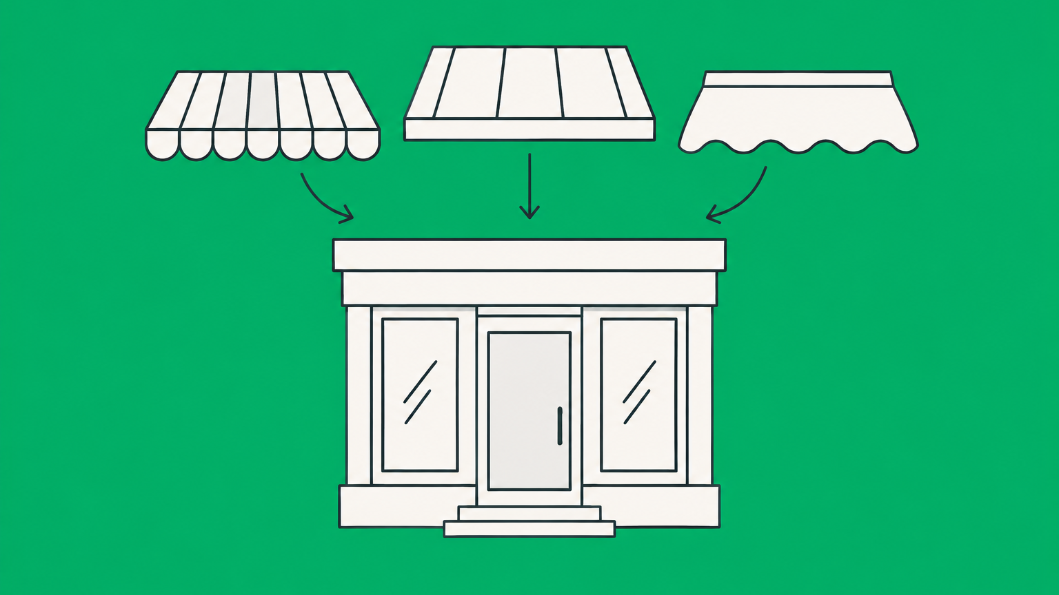 Flat illustration of one storefront with interchangeable awnings representing an LLC using a DBA trade name.