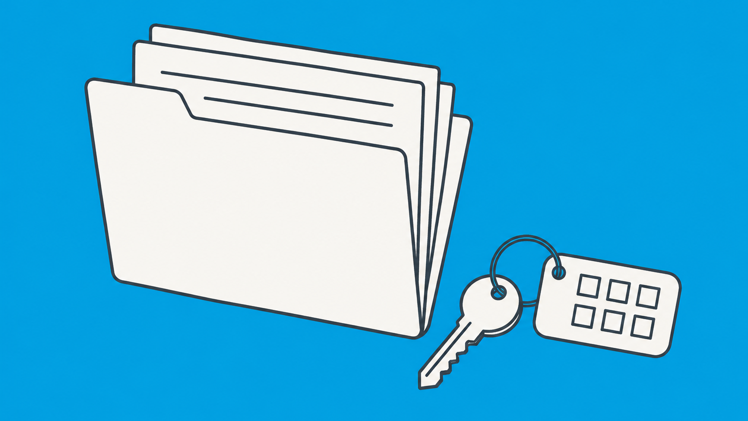 Flat illustration of an open records folder, a key, and a nine-square identification tag representing how to find an LLC tax ID number.