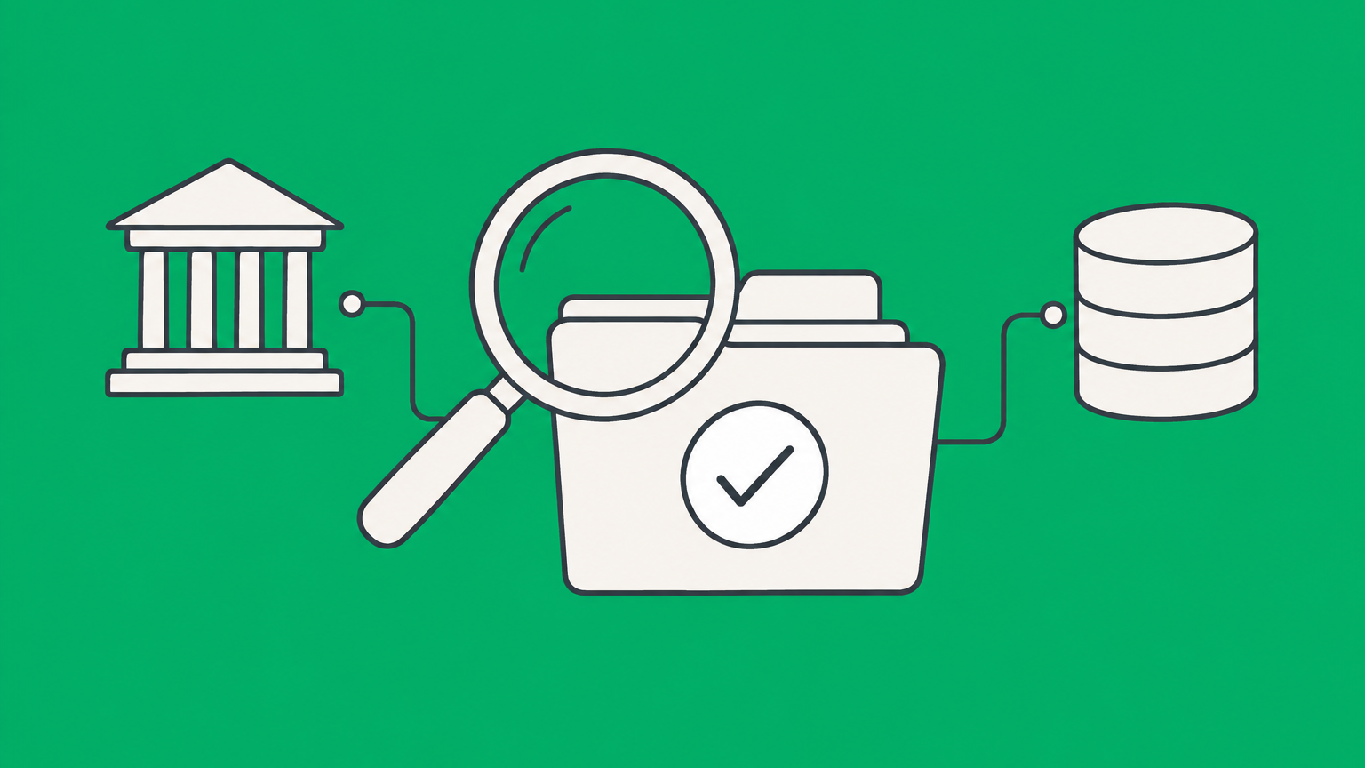 Flat illustration of a magnifying glass checking an organization folder against government records for a 501(c)(3) status lookup.
